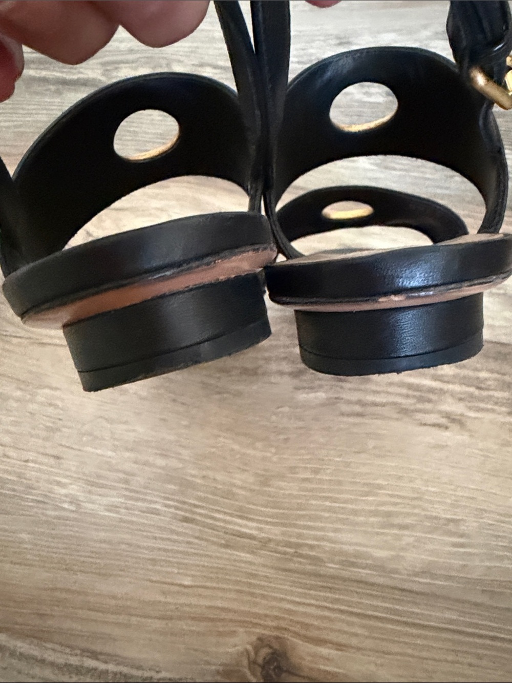 Valentino Black Leather Sandals with Gold Ring Accents - Picture 9 of 15